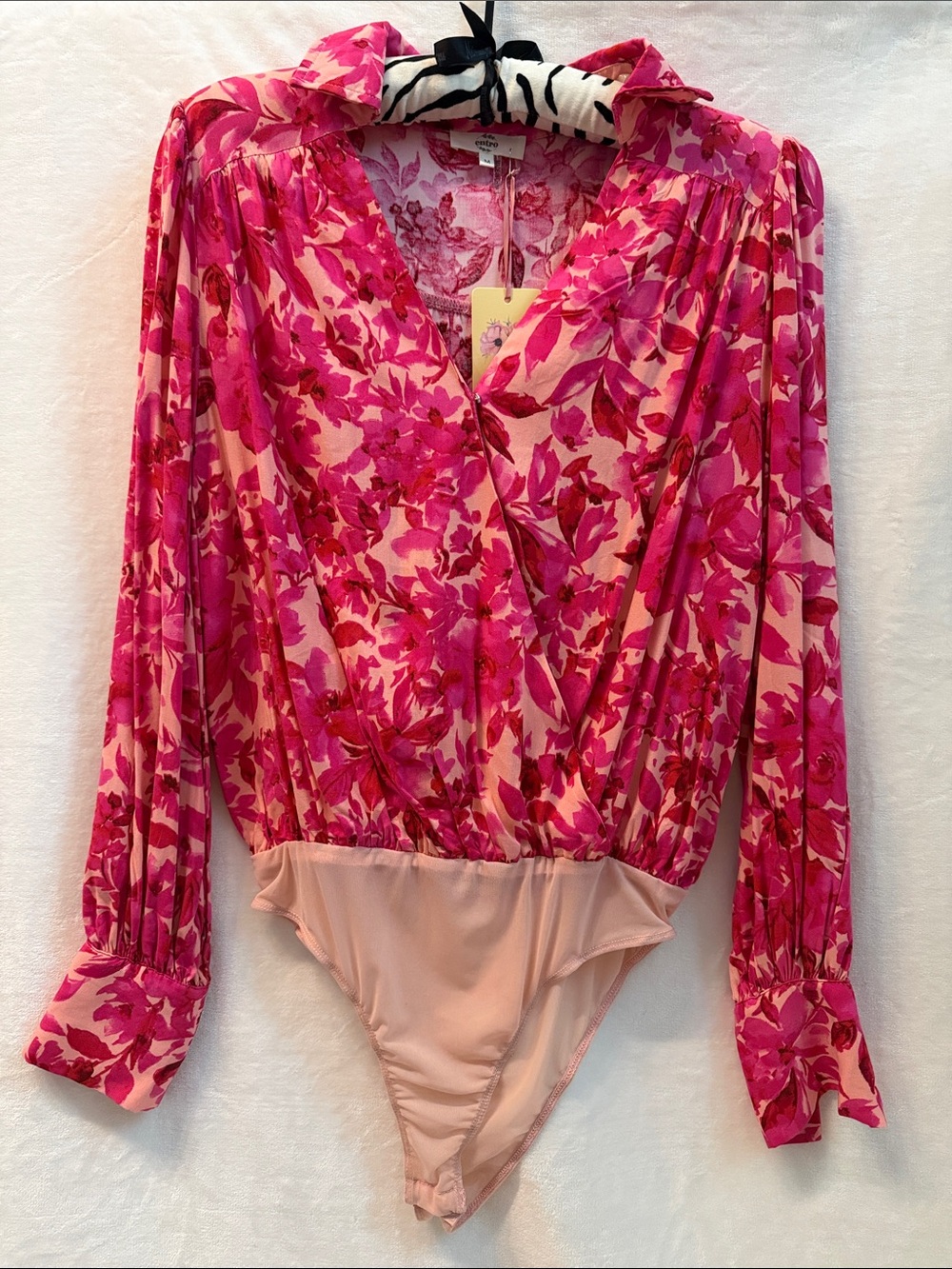 Women's Pink Floral Long-Sleeve Wrap Bodysuit